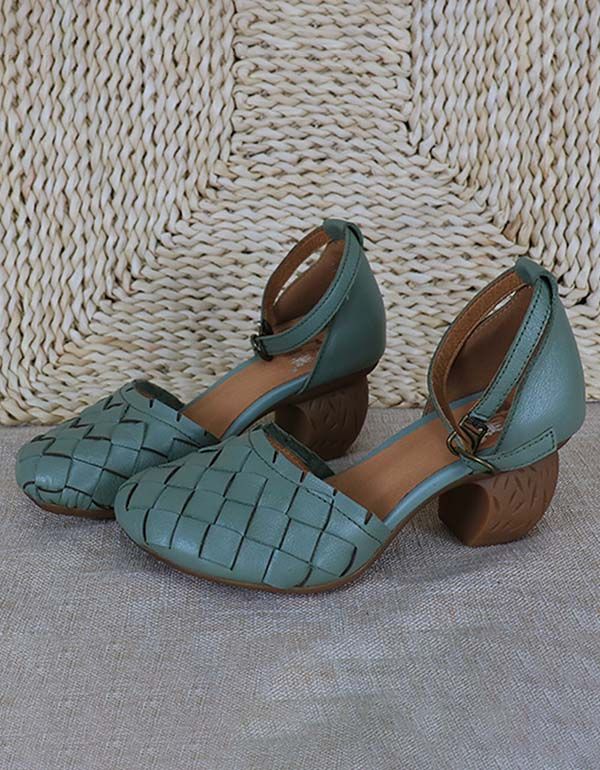 Handgewebte Retro Chunky Sandalen Mit Knöchelriemchen Grün