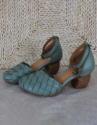 Handgewebte Retro Chunky Sandalen Mit Knöchelriemchen Grün