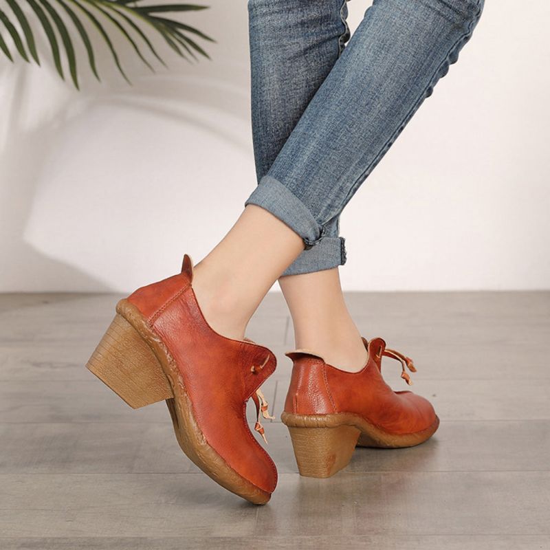 Herbst Leder Retro Elegante Chunky Heels