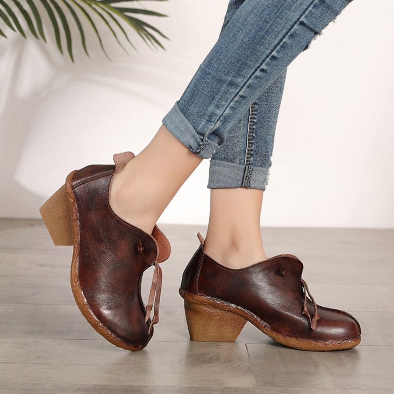 Herbst Leder Retro Elegante Chunky Heels