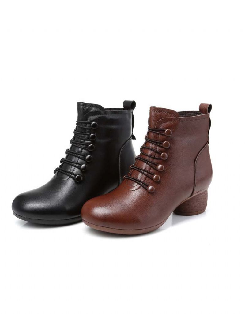 Herbst Winter Retro Leder Bequeme Damen Klobige Stiefel