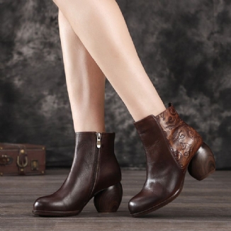 Herbst Winter Retro Leder Chunky Heels Stiefeletten