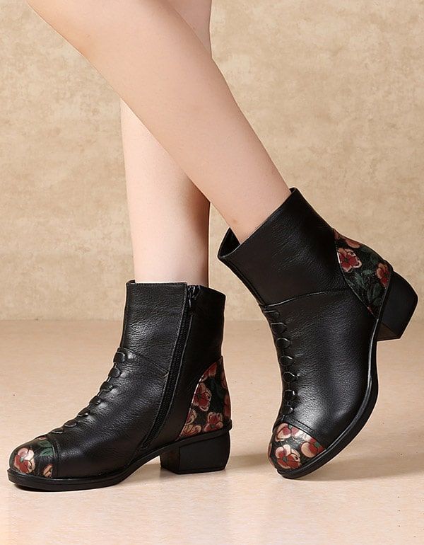 Klobige Retro-plüschstiefel Mit Blumenmuster