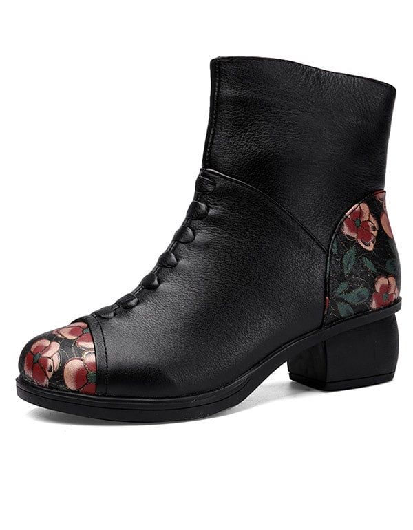 Klobige Retro-plüschstiefel Mit Blumenmuster