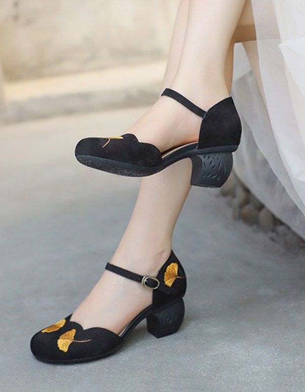 Sommer Retro Stickerei Knöchelriemchen Chunky Heels