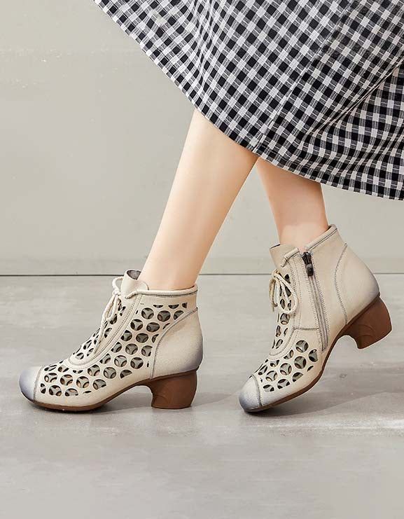 Spring Handmade Retro Hollow Ankle Chunky Boots