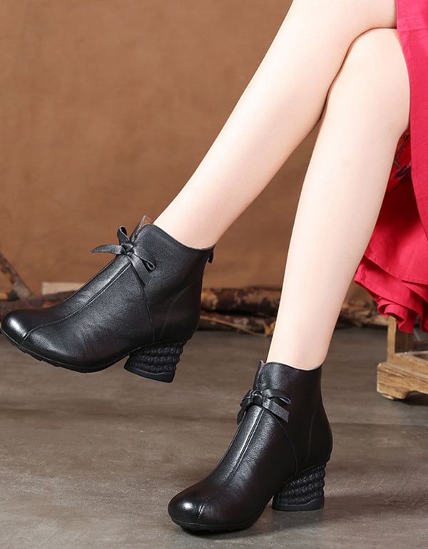 Spring Retro Bow-knot Chunky Heel Boots