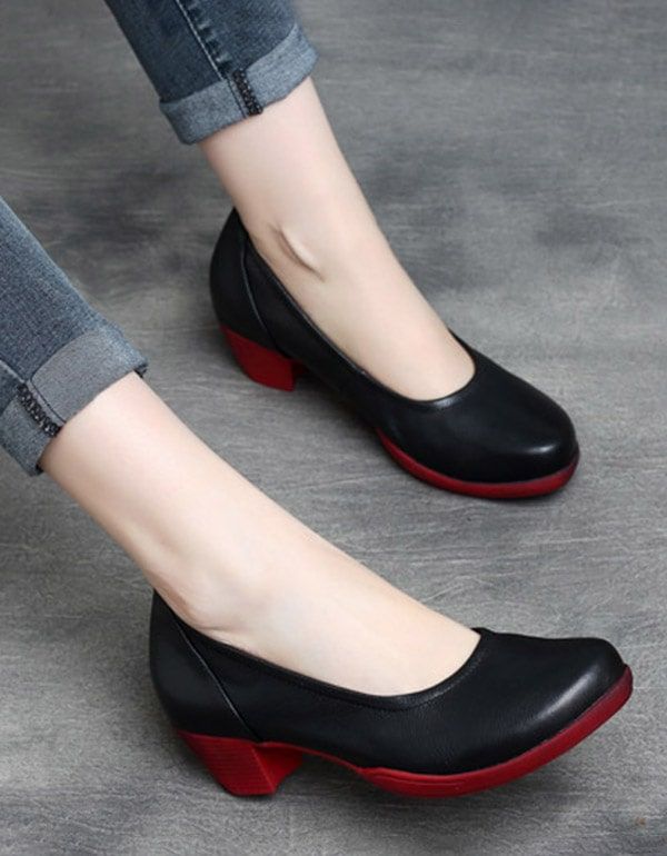 Spring Retro Leather Color Matching Chunky Shoes