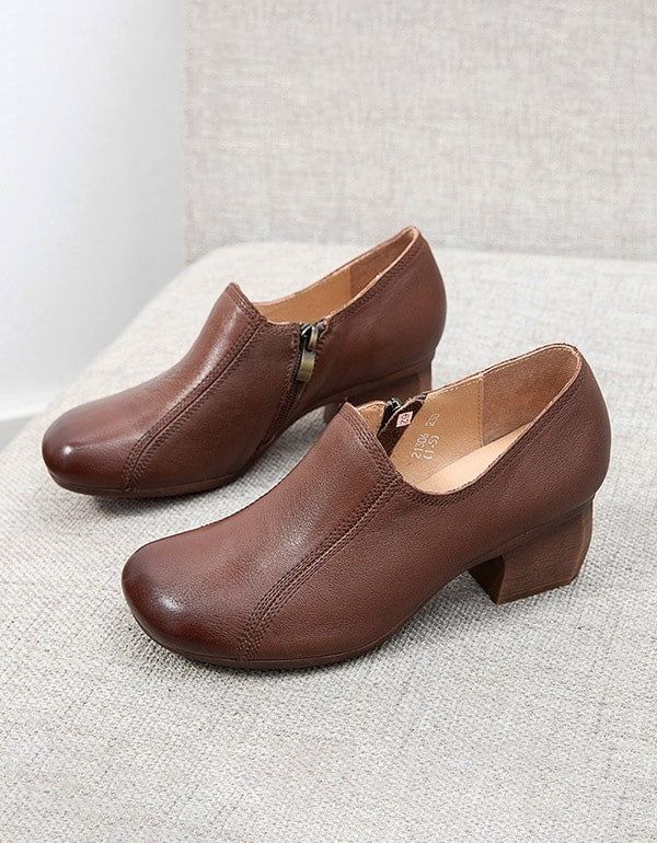 Spring Retro Leder Elegante Chunky Schuhe