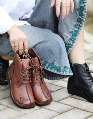 Bestickte Retro-schnürstiefel Aus Leder Im Ethno-stil