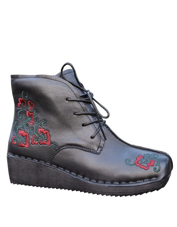 Bestickte Retro-schnürstiefel Aus Leder Im Ethno-stil