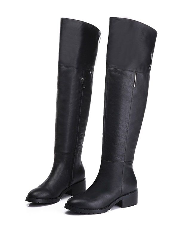 Elegante Schwarze Kniehohe Stiefel Aus Echtem Leder