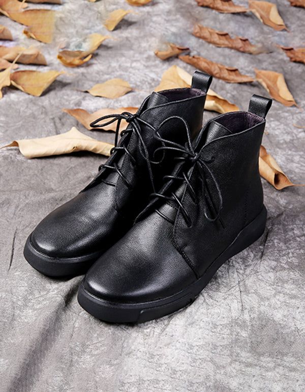 Flache Retro-schnürstiefel Aus Echtem Leder Für Herbst Und Winter