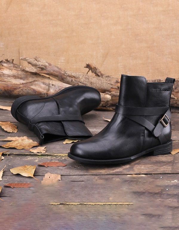 Frühling Herbst Handgefertigte Stiefeletten Schwarz