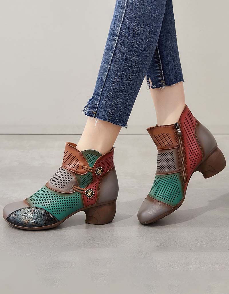 Handgefertigte Hohle Vintage Chunky Booties In Farbblock-optik