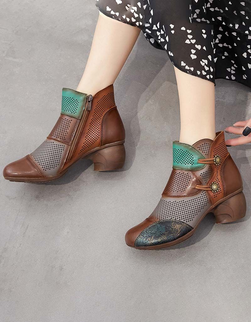 Handgefertigte Hohle Vintage Chunky Booties In Farbblock-optik