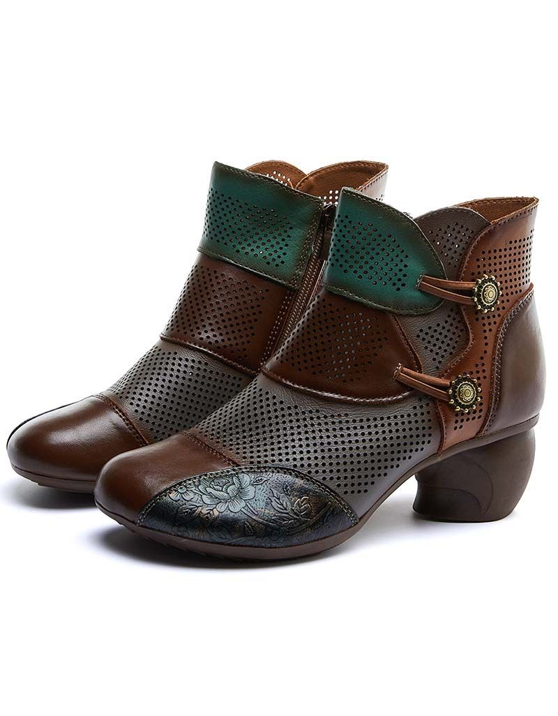 Handgefertigte Hohle Vintage Chunky Booties In Farbblock-optik