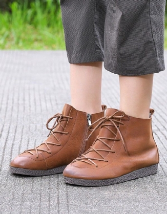 Handgemachte Flache Retro-stiefel Aus Leder Für Damen