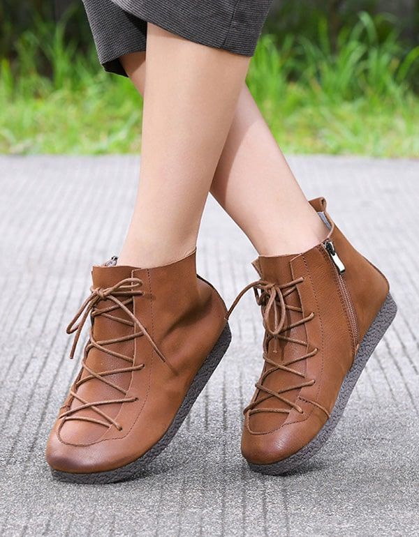 Handgemachte Flache Retro-stiefel Aus Leder Für Damen