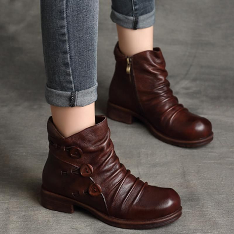 Handgemachte Plissierte Retro-leder-damenstiefel