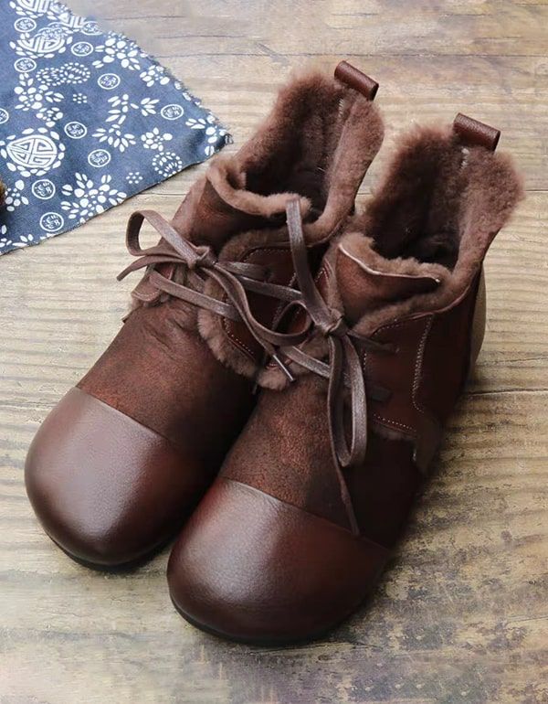 Handgemachte Retro Leder Damen Winterstiefel Plüsch