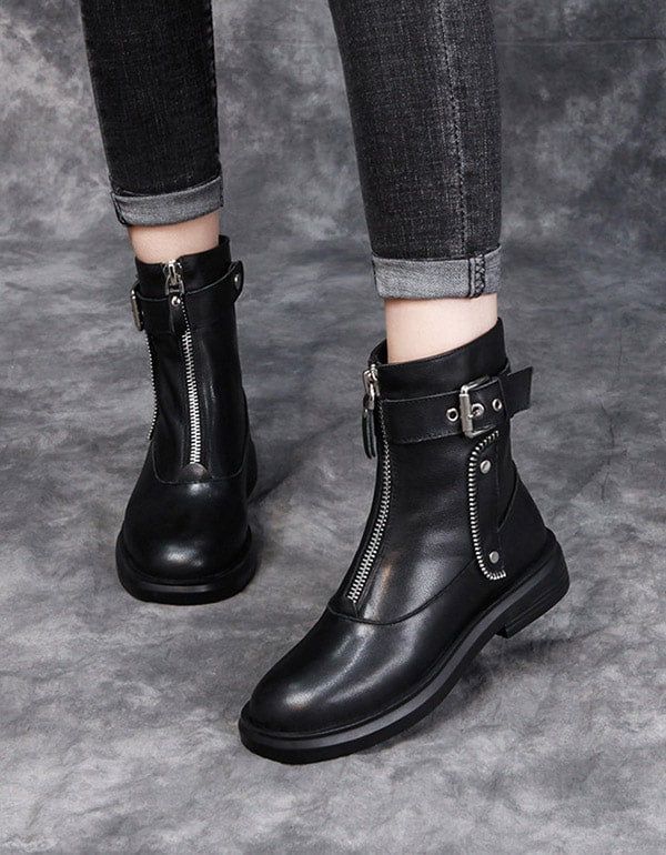 Herbst-winter-leder-punk-stiefel Mit Reißverschluss Schwarz