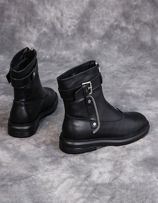 Herbst-winter-leder-punk-stiefel Mit Reißverschluss Schwarz