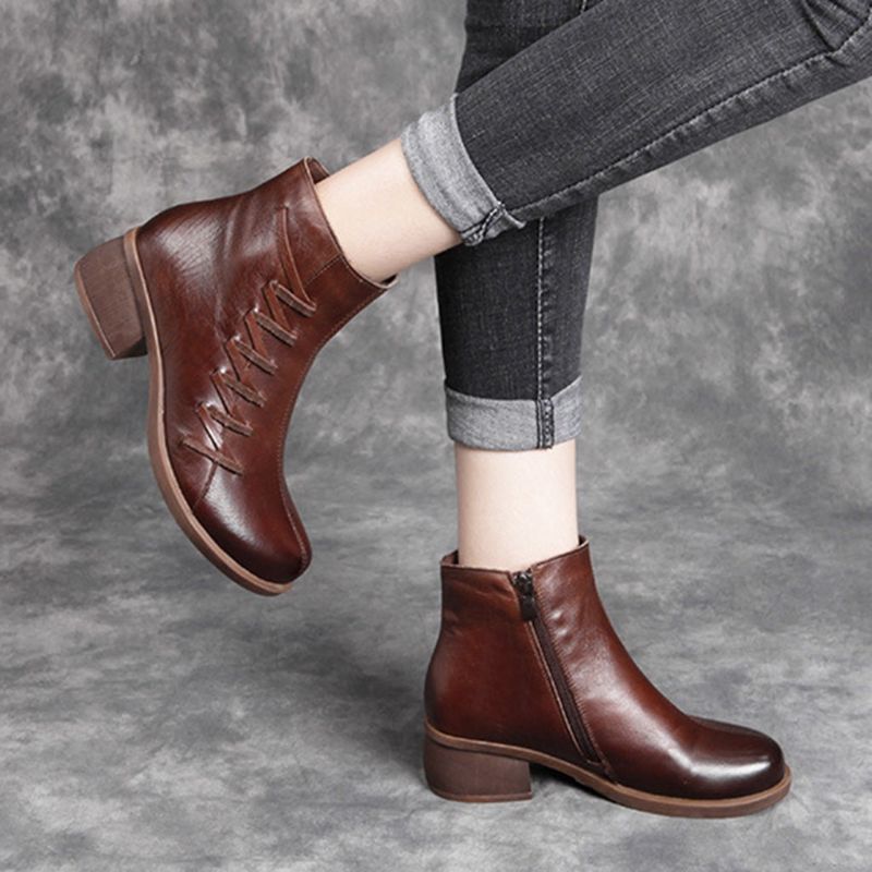 Kurze Damenstiefel Aus Leder Mit Dickem Absatz Im Retro-stil