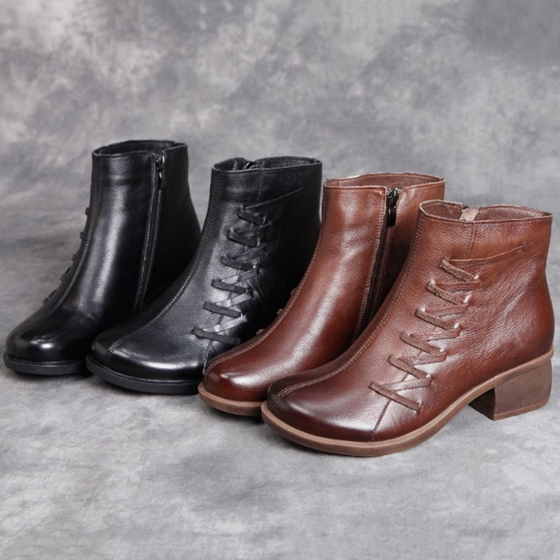 Kurze Damenstiefel Aus Leder Mit Dickem Absatz Im Retro-stil