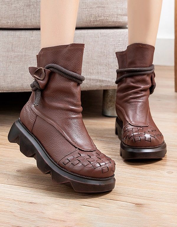 Mittelhohe Wasserdichte Retro-leder-plateaustiefel Für Damen