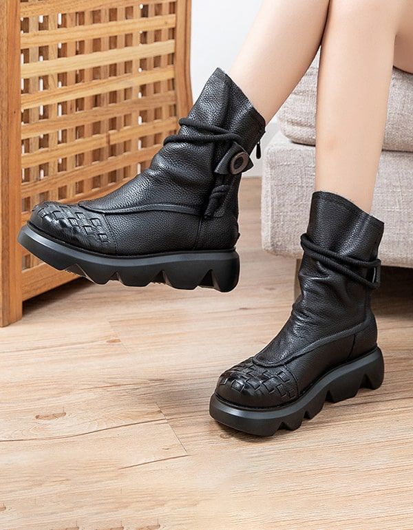 Mittelhohe Wasserdichte Retro-leder-plateaustiefel Für Damen