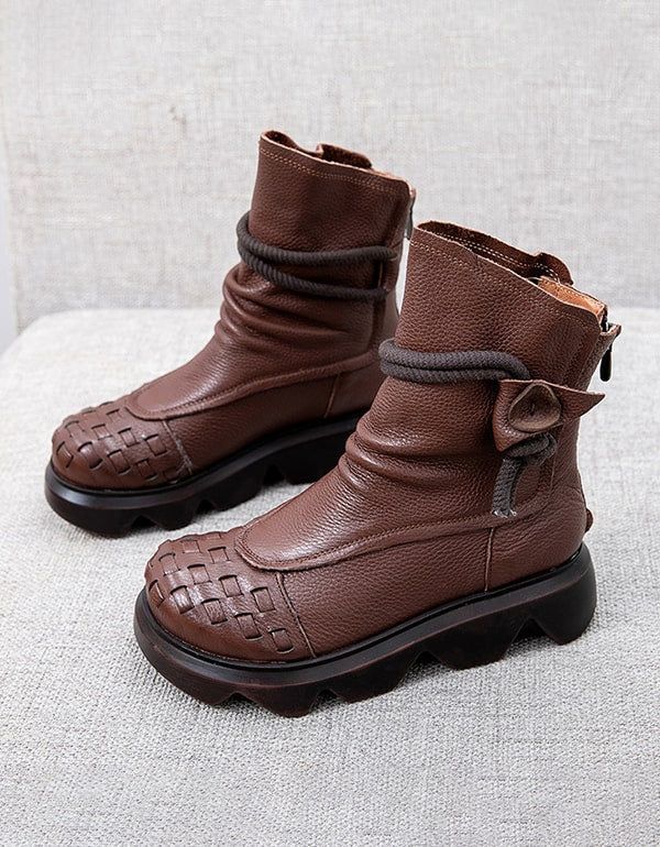 Mittelhohe Wasserdichte Retro-leder-plateaustiefel Für Damen