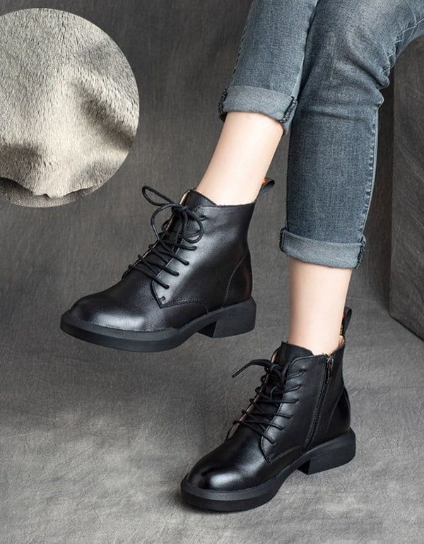 Retro-lederstiefeletten Zum Schnüren Für Damen