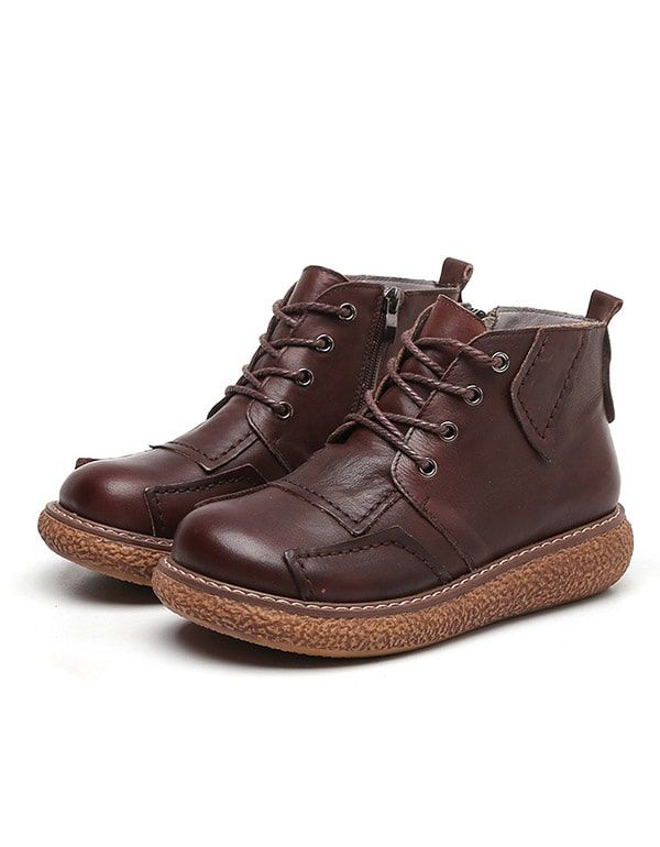 Rutschfeste Stiefeletten Aus Leder Im Retro-stil Mit Dickem Absatz