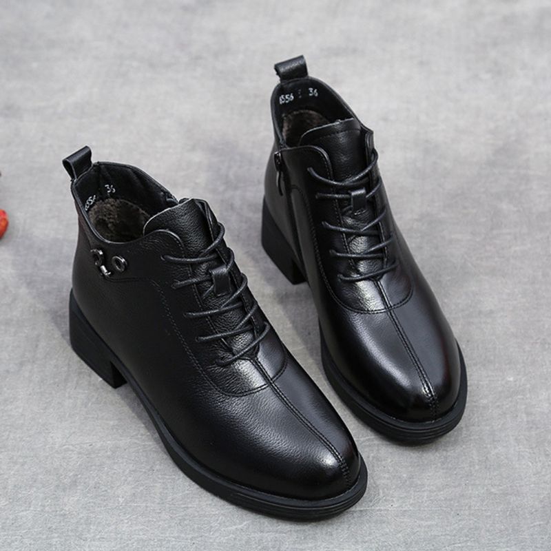 Schwarze Stiefel Aus Dickem Leder Für Herbst-winter-damen