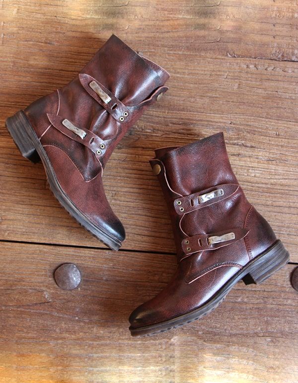 Vintage Handgefertigte Leder Gürtelschnalle Motorrad Kurze Stiefel