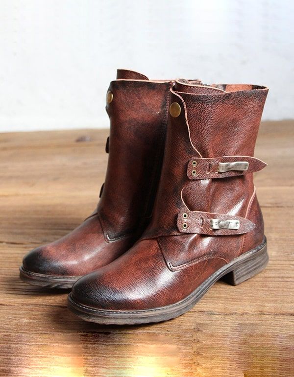 Vintage Handgefertigte Leder Gürtelschnalle Motorrad Kurze Stiefel