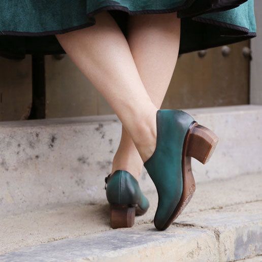 Frühling Peacock Blue Vintage Chunky Heels