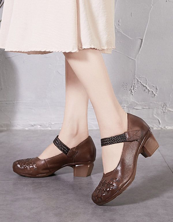 Frühling Sommer Klettverschluss Retro Leder Chunky Heels