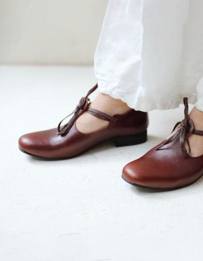 Handgemachte Echte Leder Vintage T-strap Flats