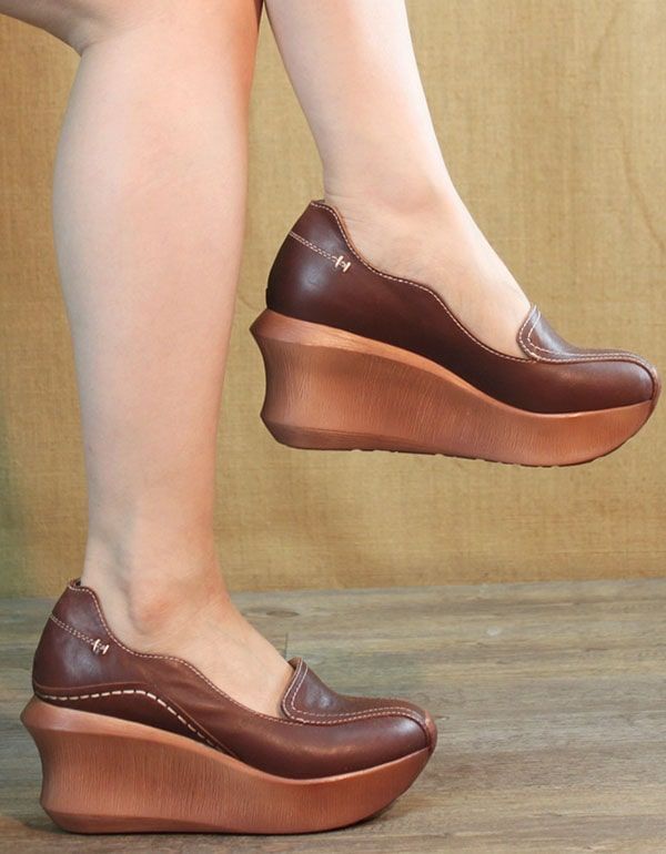 Retro-leder-keilabsatz-frühlings-schuhe Frauen