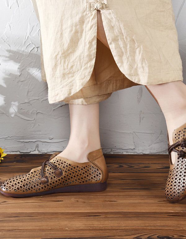 Sommer Frühling Retro Leder Flats Atmungsaktiv