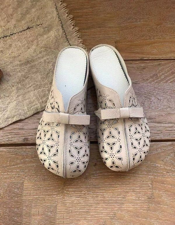 Damensandalen Aus Weichem Leder Mit Bowknot-slides