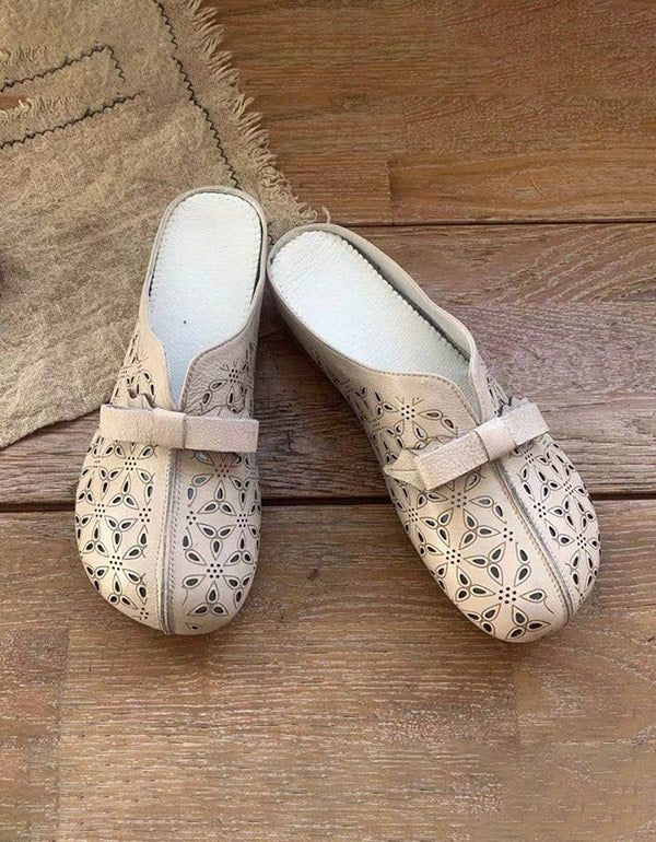 Damensandalen Aus Weichem Leder Mit Bowknot-slides