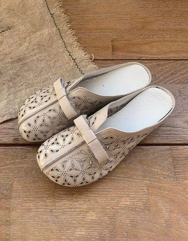 Damensandalen Aus Weichem Leder Mit Bowknot-slides