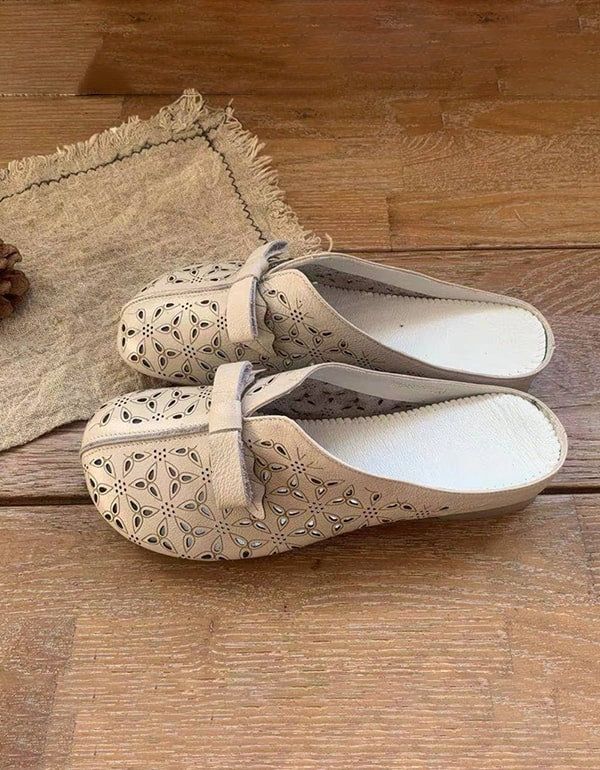 Damensandalen Aus Weichem Leder Mit Bowknot-slides