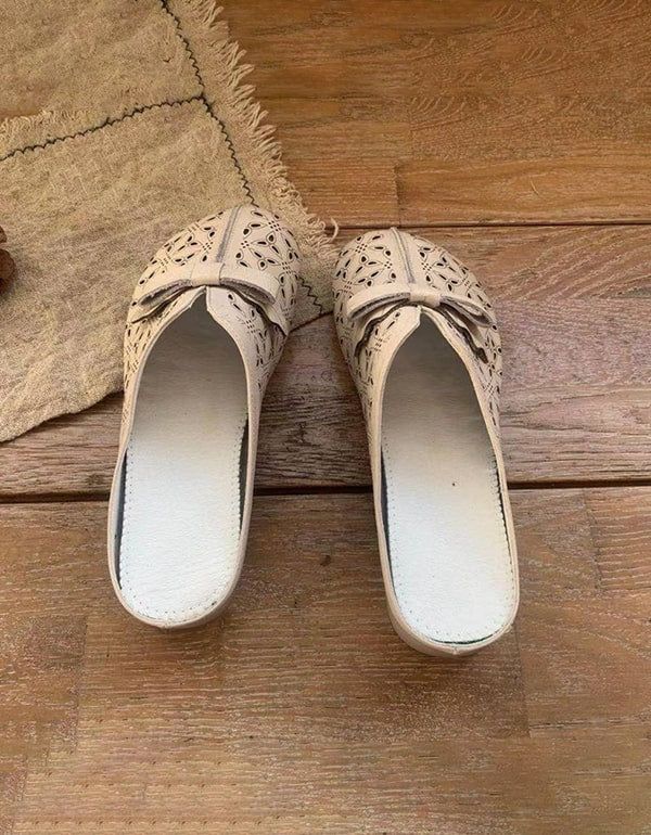 Damensandalen Aus Weichem Leder Mit Bowknot-slides