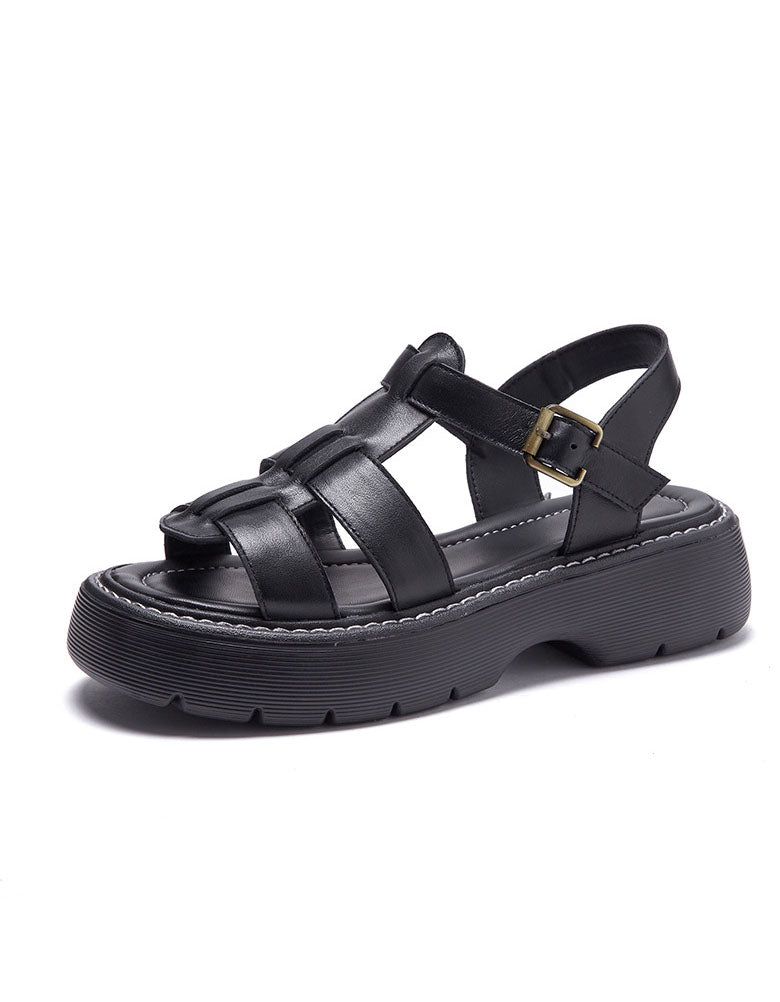 Echtes Leder Dicker Absatz Vintage Gewebte Sandalen