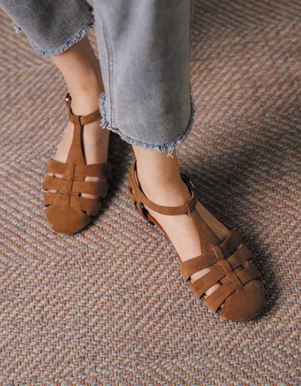 Flache Damensandalen Im Vintage-stil Mit T-riemen