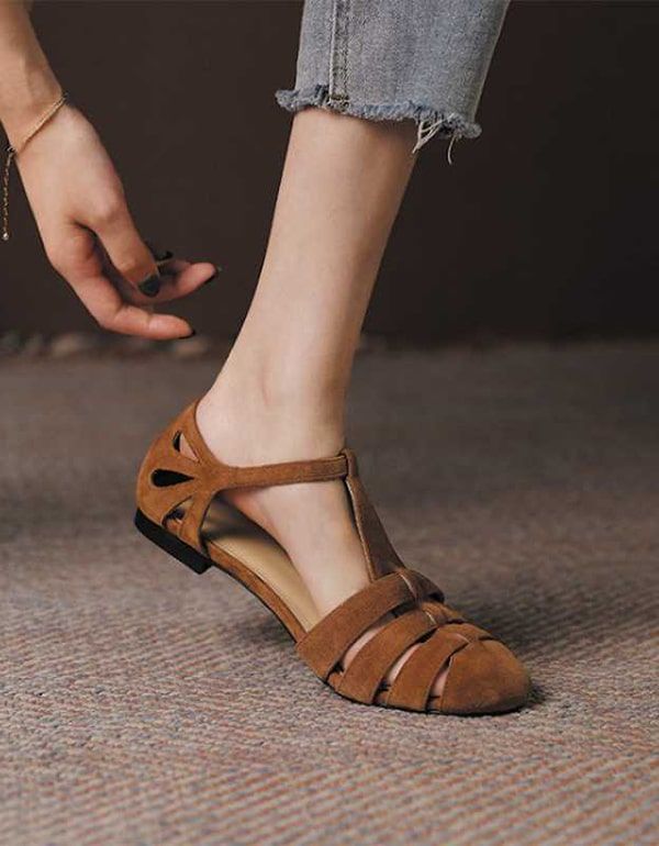 Flache Damensandalen Im Vintage-stil Mit T-riemen